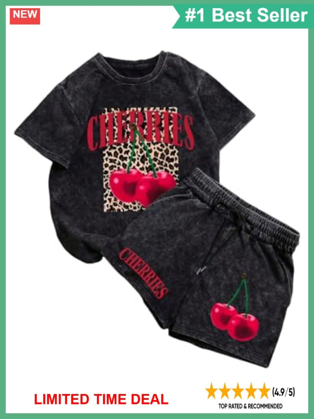 SHENHE Women's 2 Piece Cherry Graphic Tee and Shorts Summer Outfit Set